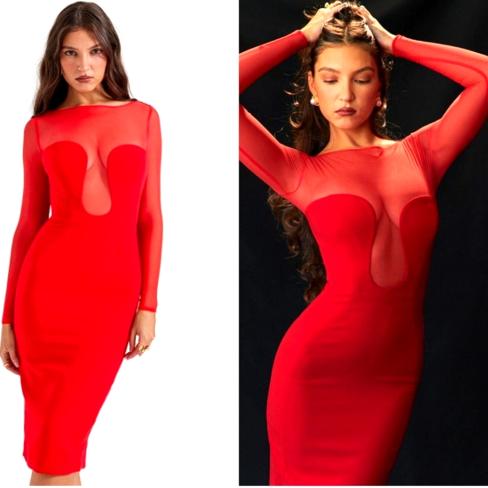 HOUSE OF CB 'Darcy' Scarlet Plunge Midi Dress NWOT